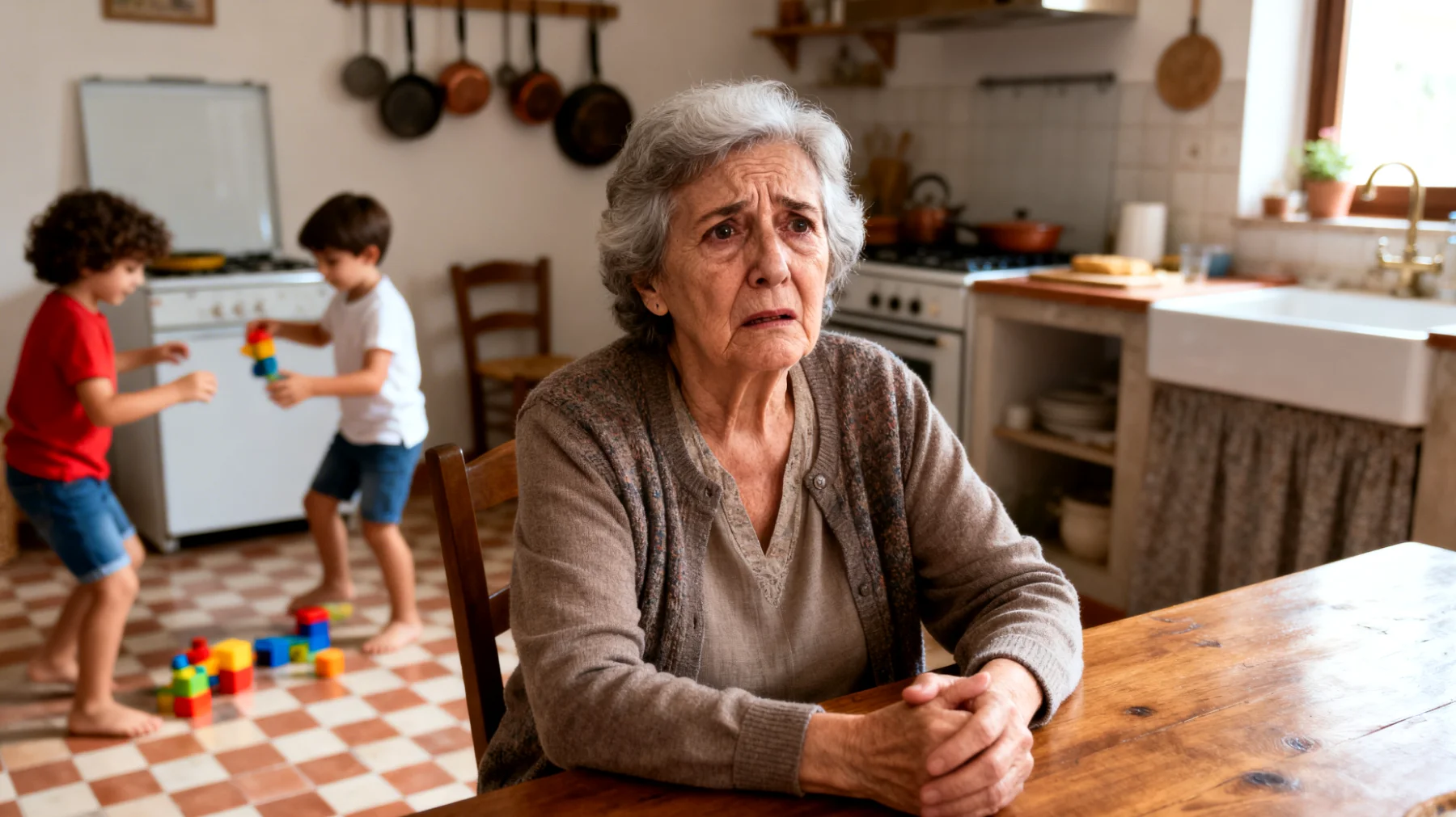 Nonna preoccupata per il futuro dei nipoti bambini in un mondo incerto, teme che non abbiano le competenze e la resilienza necessarie per affrontare le sfide che li attendono e si sente impotente nel prepararli adeguatamente"