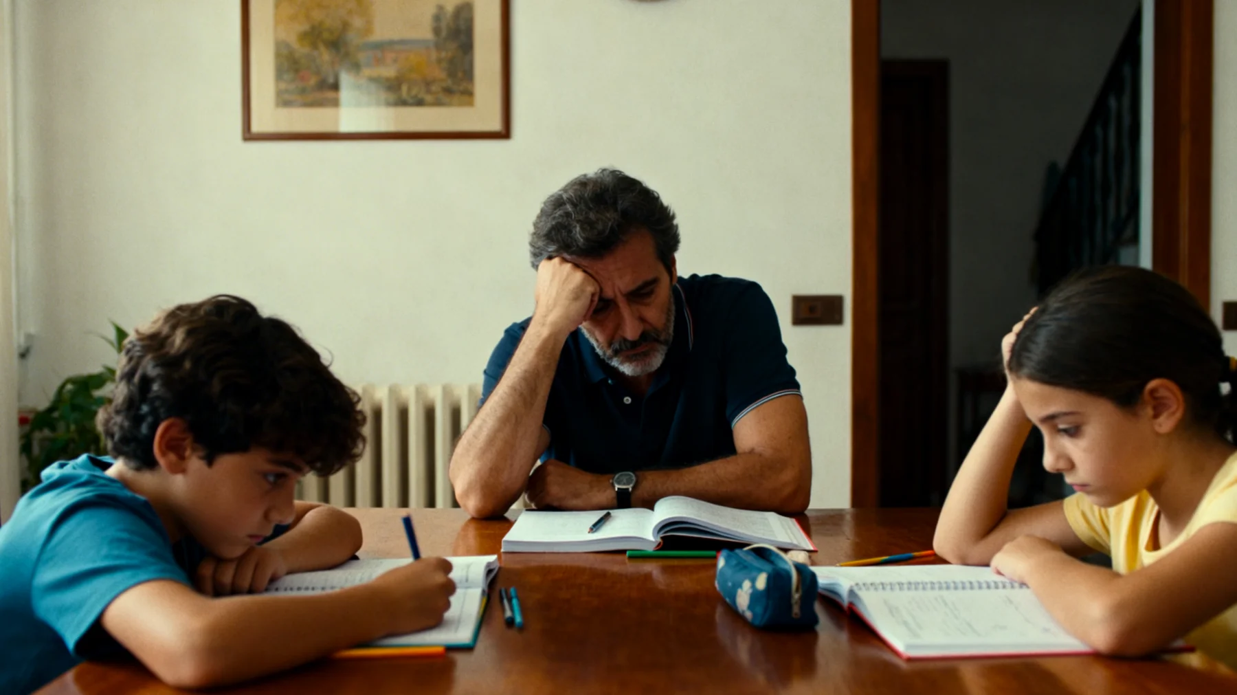 Papà che fatica a motivare i propri bambini nello studio e si sente impotente di fronte alla loro mancanza di interesse per la scuola"