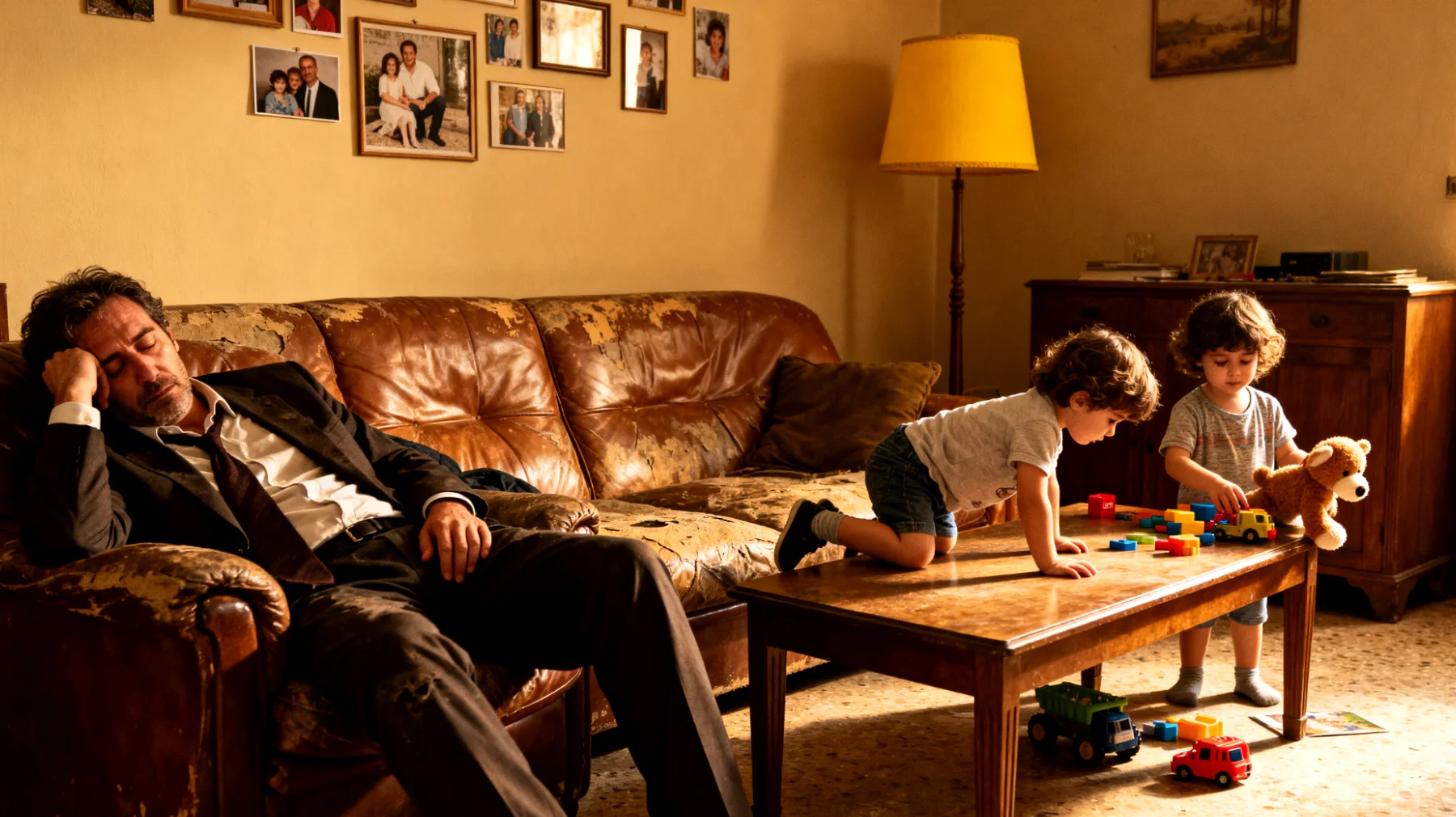 Papà che lavora molte ore al giorno e rientra a casa esausto, fatica a trovare le energie per giocare e stare attivamente con i suoi bambini piccoli, provando senso di inadeguatezza"