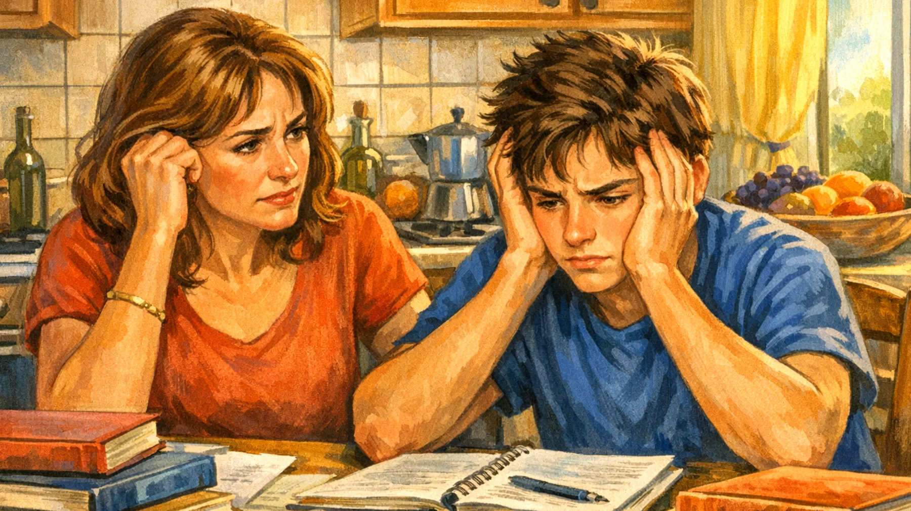 Genitori che faticano a motivare i figli adolescenti nello studio, affrontando scarso rendimento scolastico, procrastinazione nei compiti e disinteresse verso l'apprendimento, con conseguenti tensioni familiari e preoccupazione per il futuro accademico"