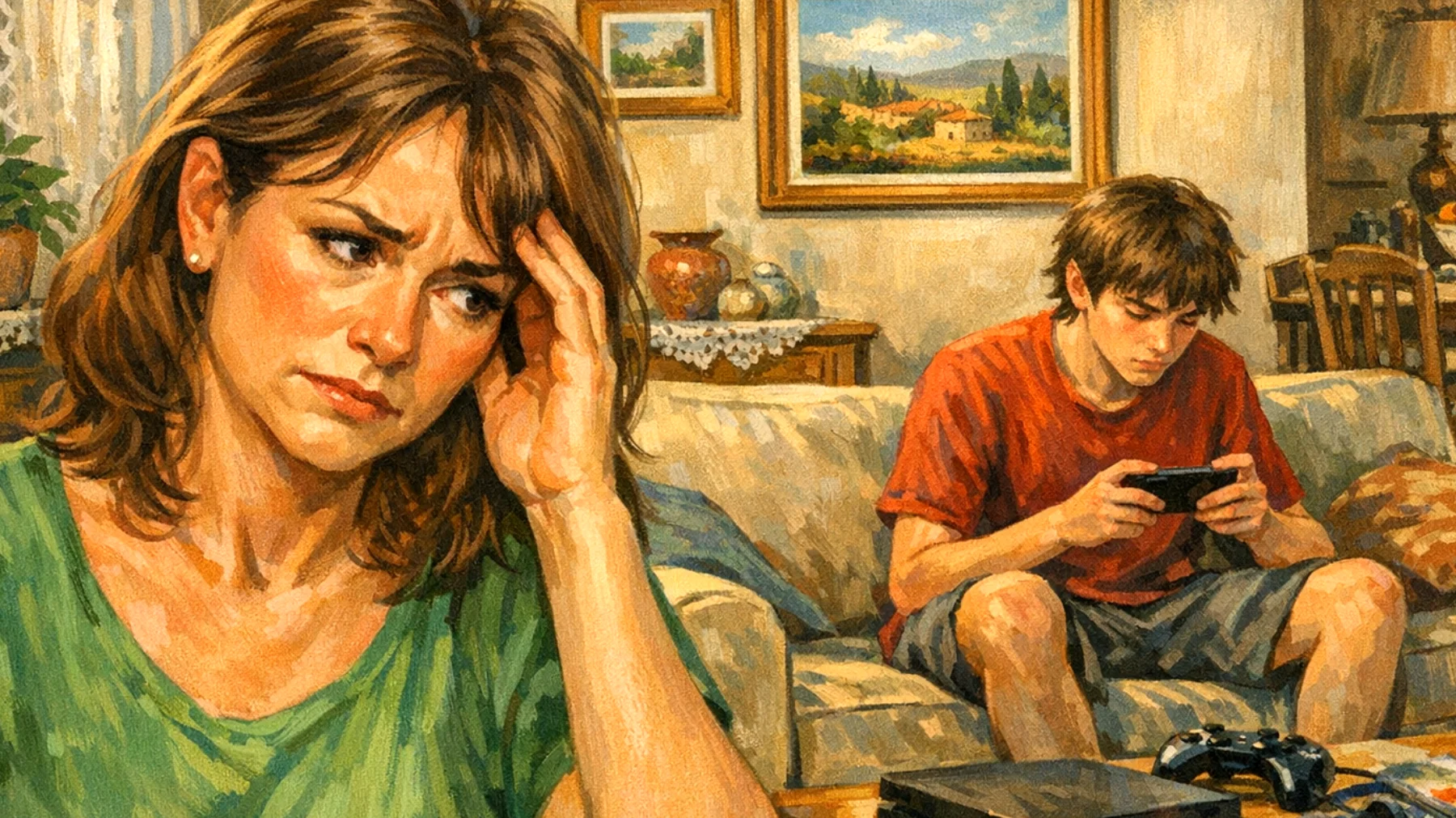 Mamma che fatica a gestire l'uso eccessivo dello smartphone e dei videogiochi da parte del figlio adolescente, con continui conflitti e incomprensioni sul tempo trascorso davanti agli schermi"