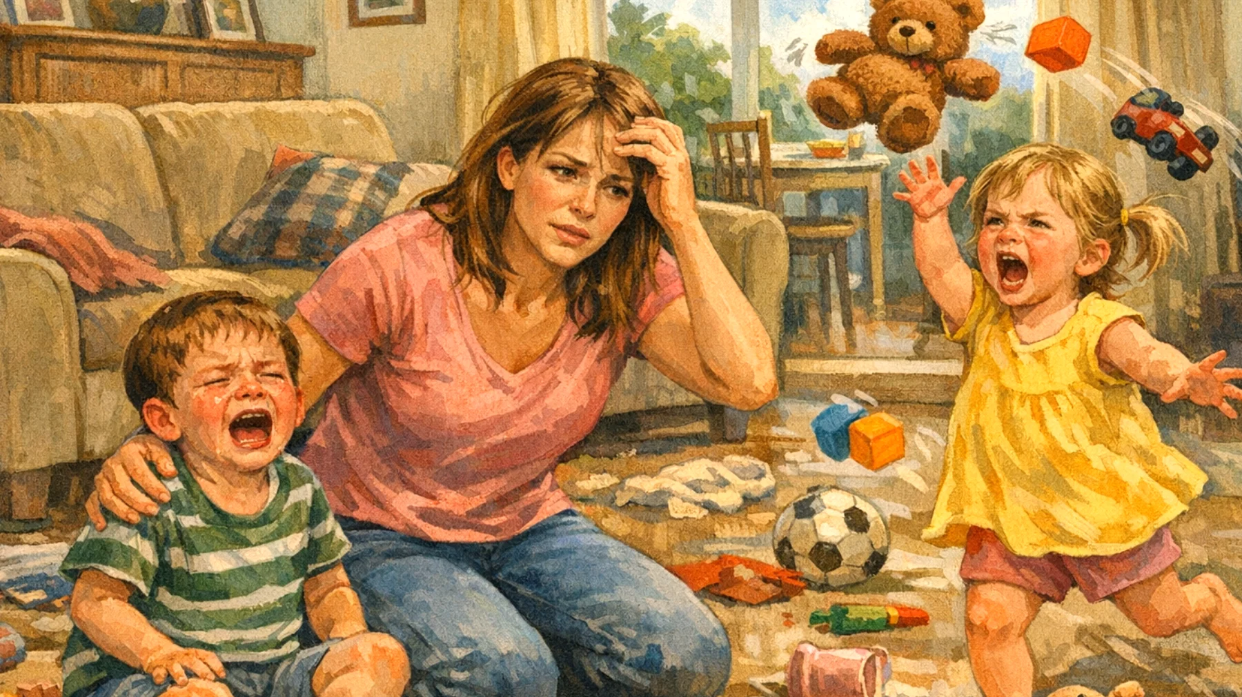 Una mamma che fatica a gestire le reazioni esplosive e i capricci dei suoi bambini quando non ottengono ciò che vogliono, con crisi di pianto, urla e comportamenti difficili da contenere di fronte alle piccole frustrazioni quotidiane"