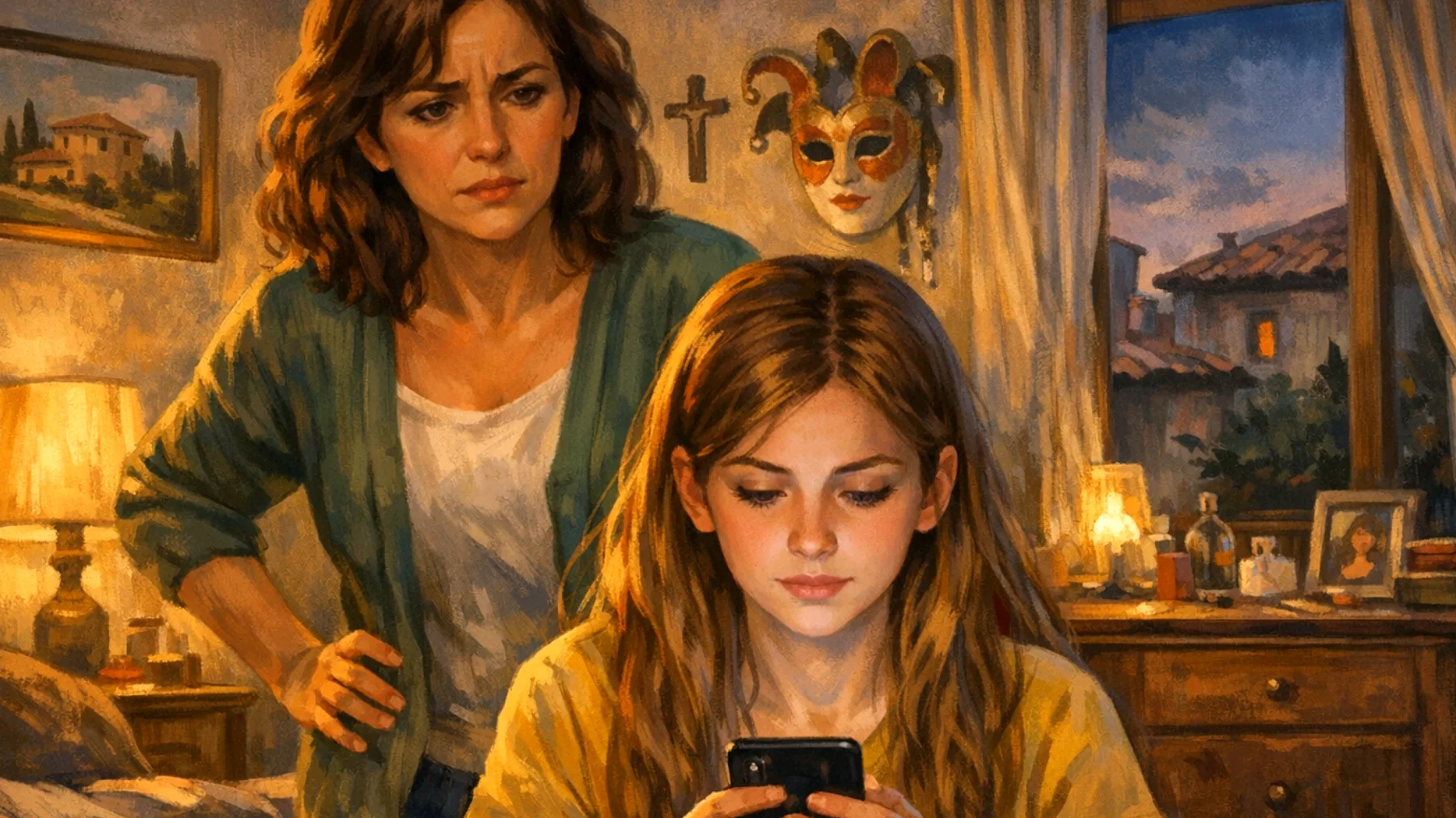 Mamma preoccupata per l'uso eccessivo dello smartphone da parte della figlia adolescente che trascorre intere serate sui social, trascurando i compiti e le relazioni familiari"