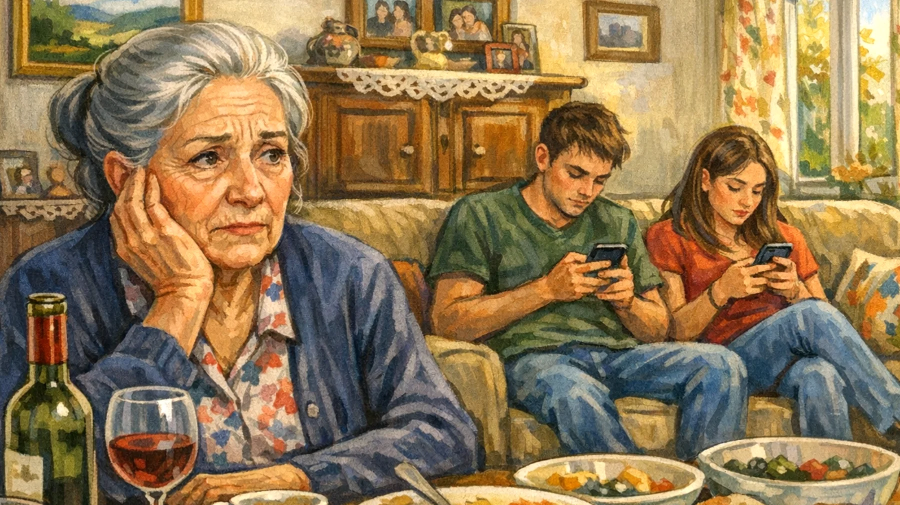 Nonna preoccupata perché i nipoti giovani adulti non collaborano durante le visite familiari, restando passivi e aspettandosi di essere serviti senza offrire aiuto nelle attività quotidiane come preparare i pasti o riordinare"