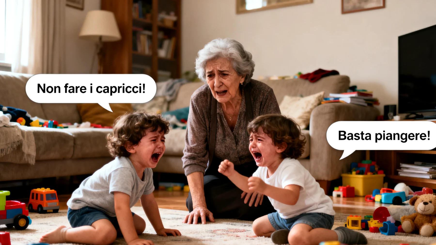 Nonna in difficoltà nel gestire le crisi di frustrazione dei nipoti bambini che reagiscono con capricci intensi quando non ottengono subito ciò che vogliono"