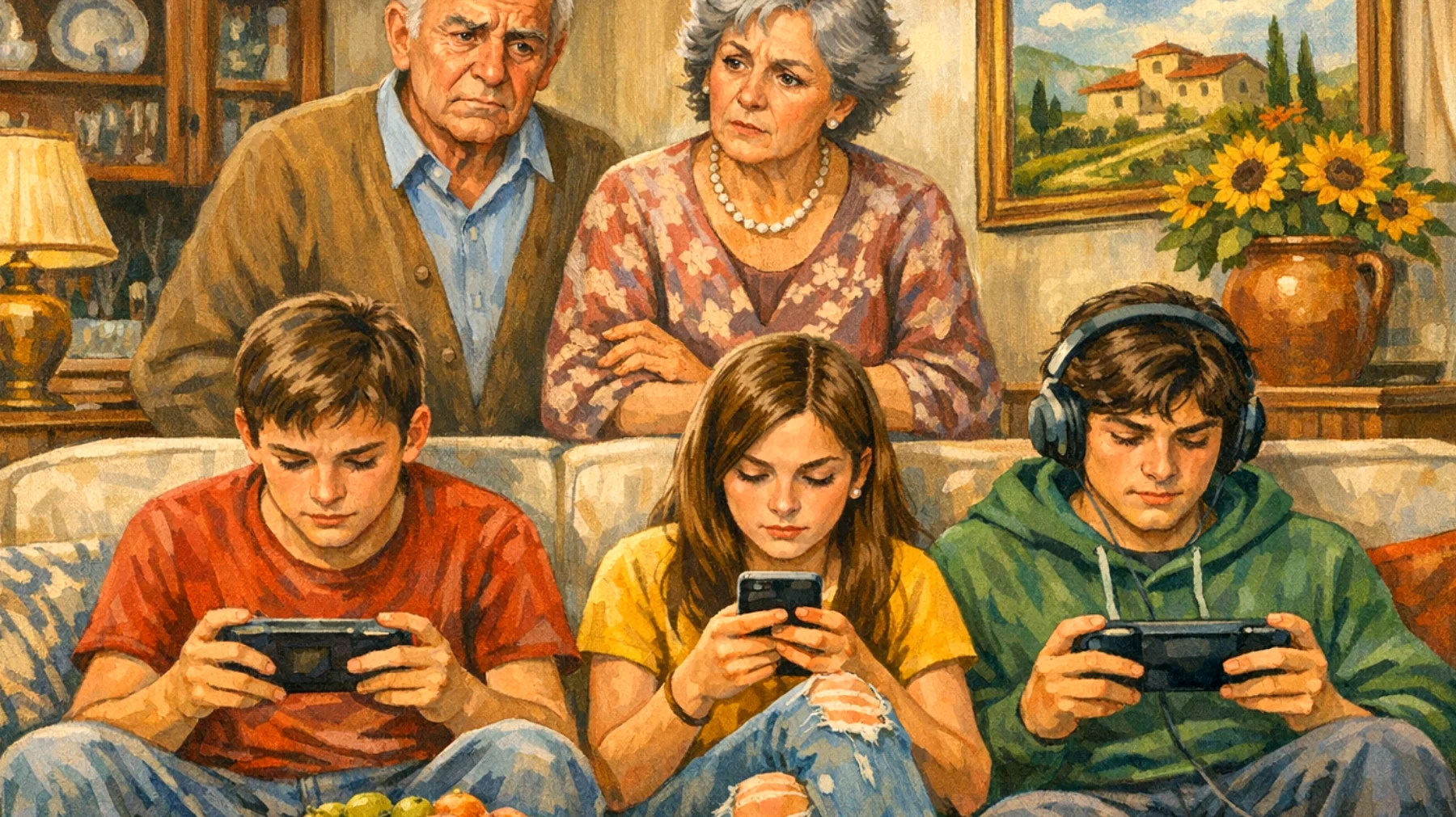 I nonni faticano a gestire l'uso eccessivo di smartphone e videogiochi da parte dei nipoti adolescenti durante il tempo trascorso insieme, creando conflitti e distanza relazionale"