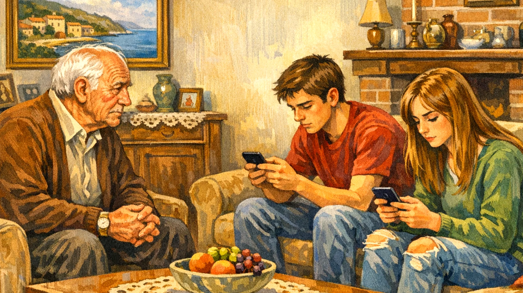 Il nonno fatica a comunicare con i nipoti adolescenti che sembrano distanti, usano un linguaggio che non comprende e mostrano poco interesse nelle conversazioni, creando un senso di incomprensione reciproca e distacco emotivo"