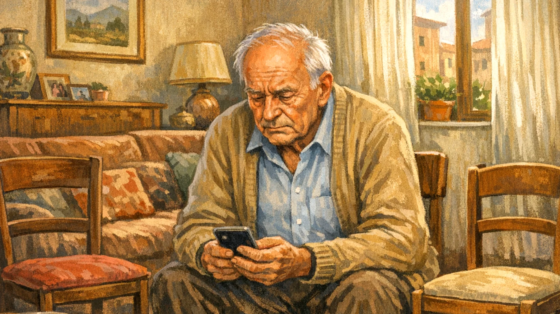 Nonno che si sente escluso e impotente perché i nipoti giovani adulti sono sempre troppo impegnati tra lavoro, università e vita sociale per dedicargli tempo, creando in lui frustrazione e senso di inutilità"