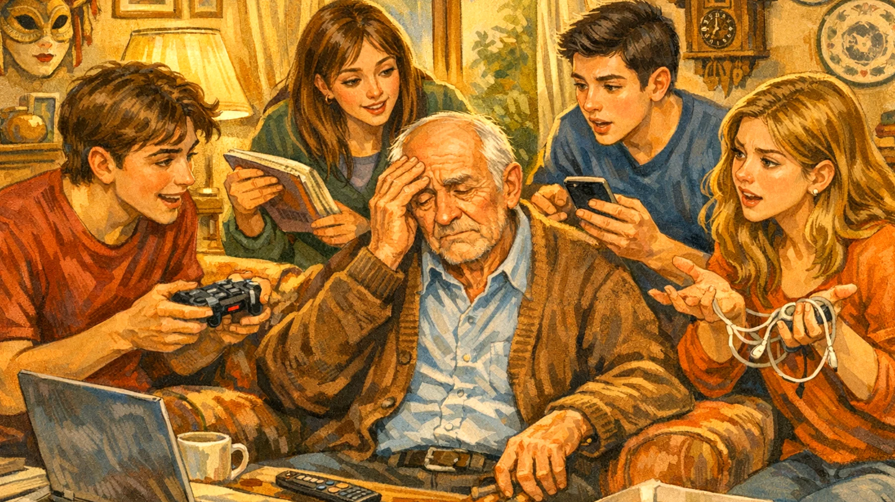 Il nonno si sente in difficoltà perché i nipoti adolescenti dipendono eccessivamente da lui per ogni decisione, consiglio o supporto emotivo, impedendogli di avere spazi personali e al tempo stesso ostacolando la loro crescita verso l'autonomia."