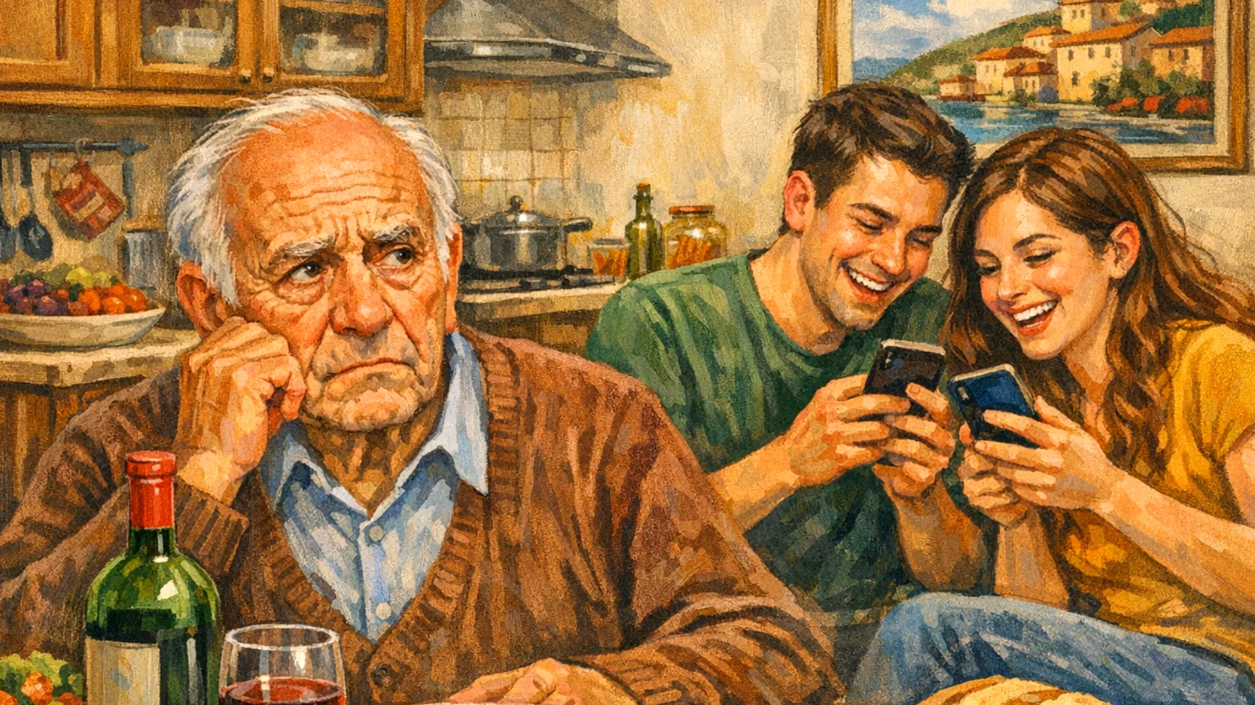 Il nonno fatica a comprendere e accettare le scelte di vita, i valori e le priorità dei nipoti giovani adulti, creando tensioni e incomprensioni dovute alla distanza generazionale tra il suo mondo tradizionale e quello contemporaneo dei nipoti."
