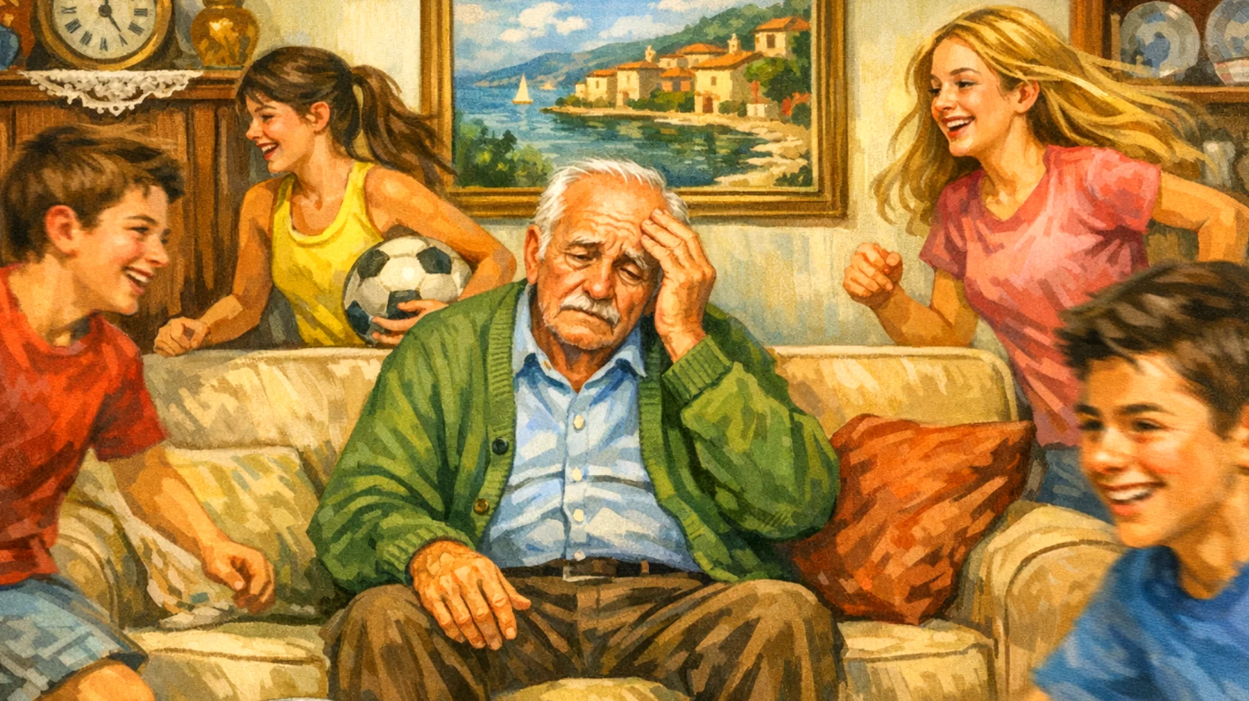 Il nonno si sente sopraffatto dalla stanchezza fisica ed emotiva nel gestire i nipoti adolescenti, non riuscendo a stare al passo con i loro ritmi ed energie, e si trova in difficoltà nel bilanciare il desiderio di essere presente con i propri limiti legati all'età."