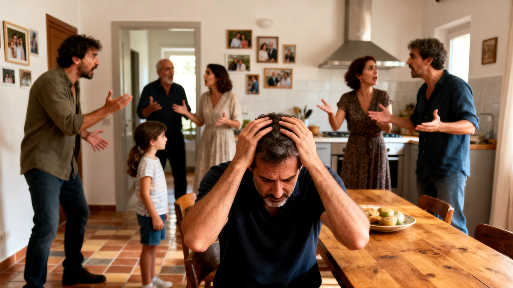 Un papà si trova in difficoltà nel gestire i conflitti con la famiglia allargata riguardo all'educazione e alle scelte di vita dei suoi figli giovani adulti, con interferenze di ex partner, nuovi compagni o altri familiari che creano tensioni e messaggi educativi contrastanti."