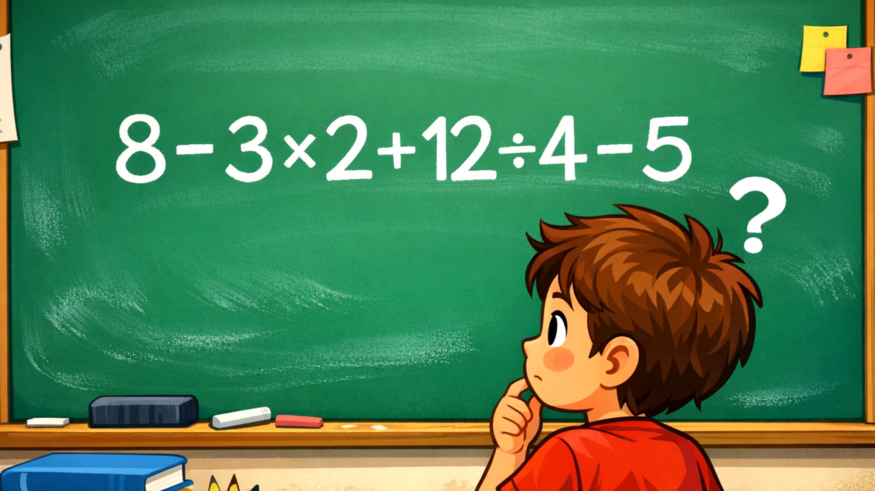 Solo i veri geni risolvono questo calcolo al primo colpo: quanto fa 8 - 3 x 2 + 12 ÷ 4 - 5?"